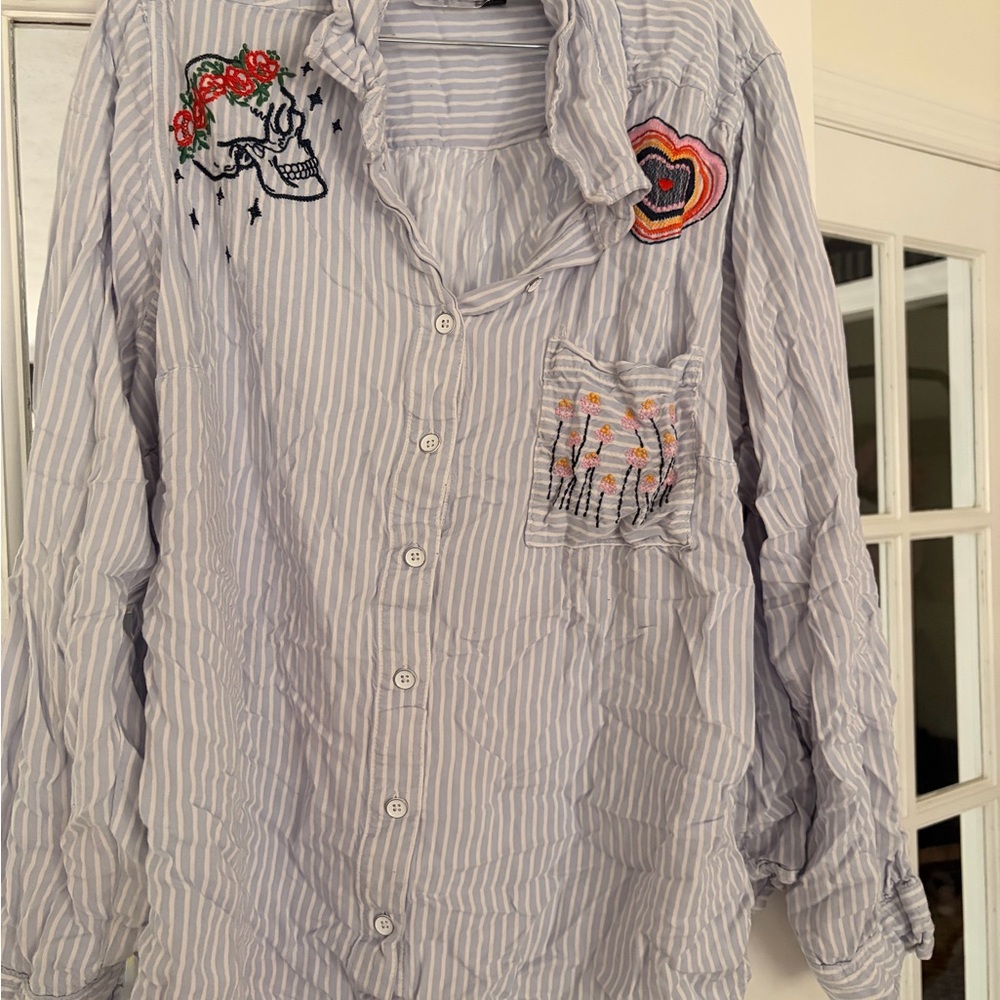 Light Blue Striped Embroidered Button-Up Shirt